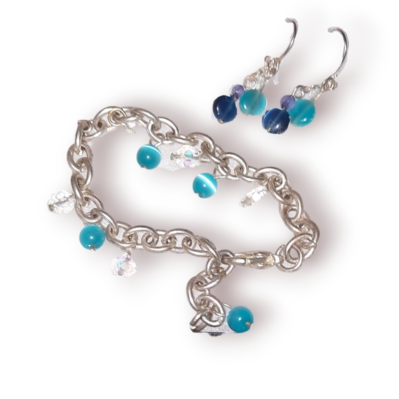 Set bracelet & earrings silvertone cat's eye glass and faceted clear beads - Picture 2 of 9